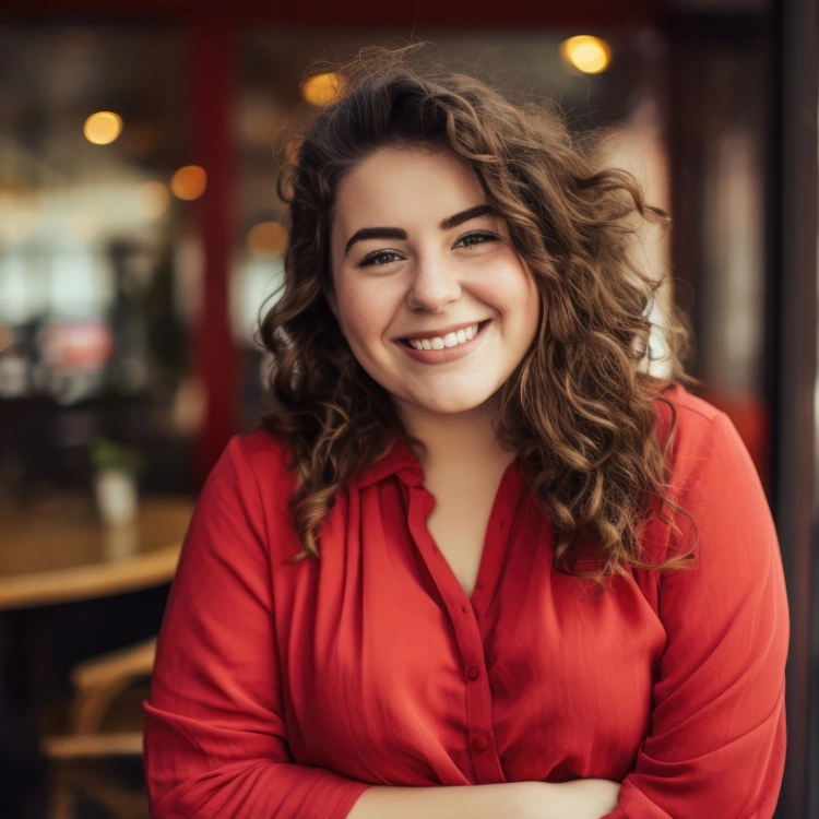 optimistic plus size woman in cafe