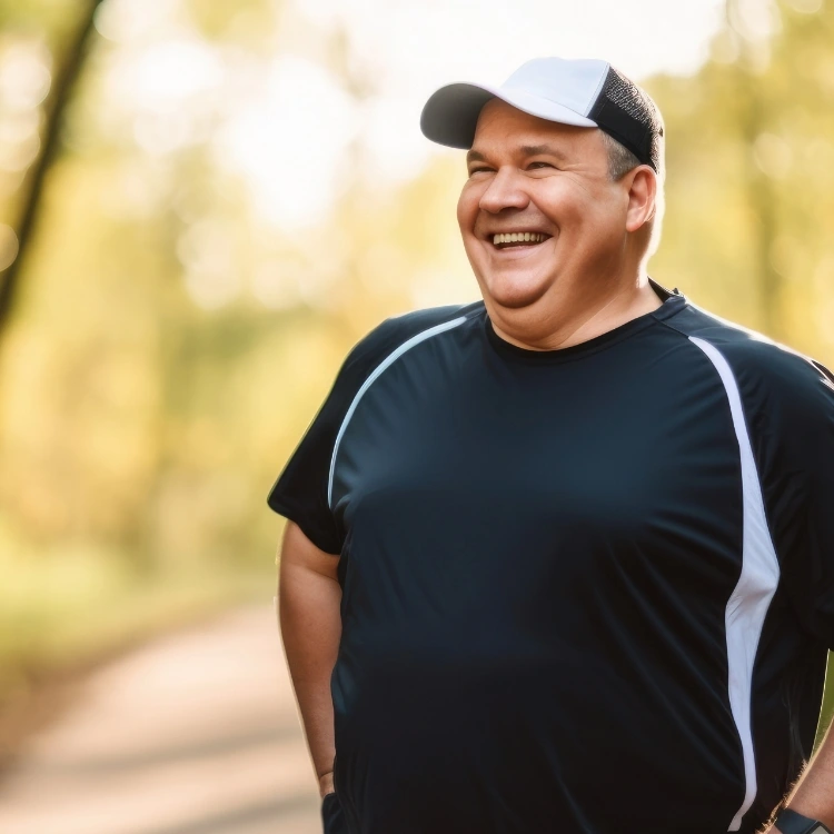 obese man smiling while exercising
