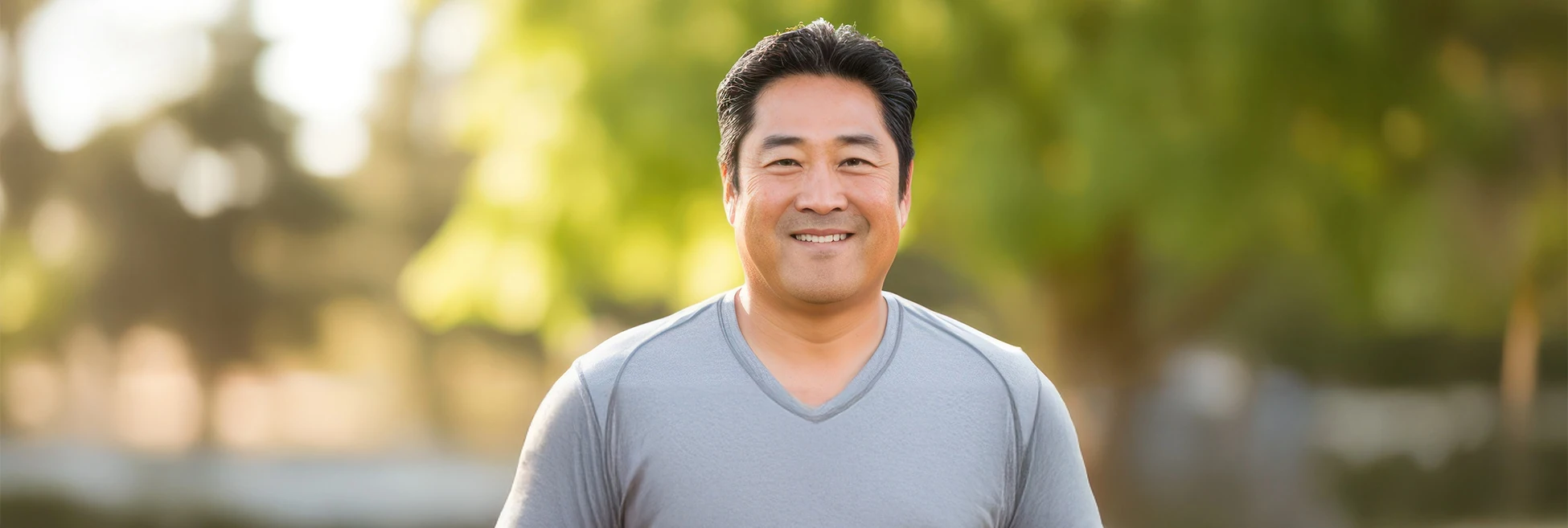 smiling plus size man walking in the park