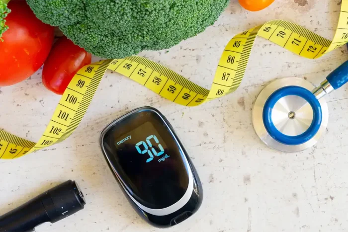preventing diabetes concept with glucometer and healthy food