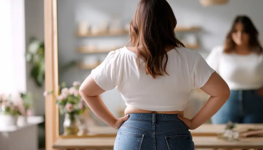 woman looking at her body in the mirror