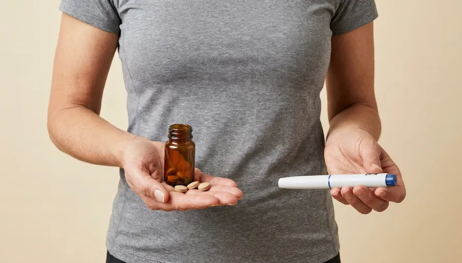 woman holding weighloss injection and weightloss pills