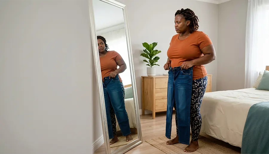 woman looking in the mirror conteplating weightloss options